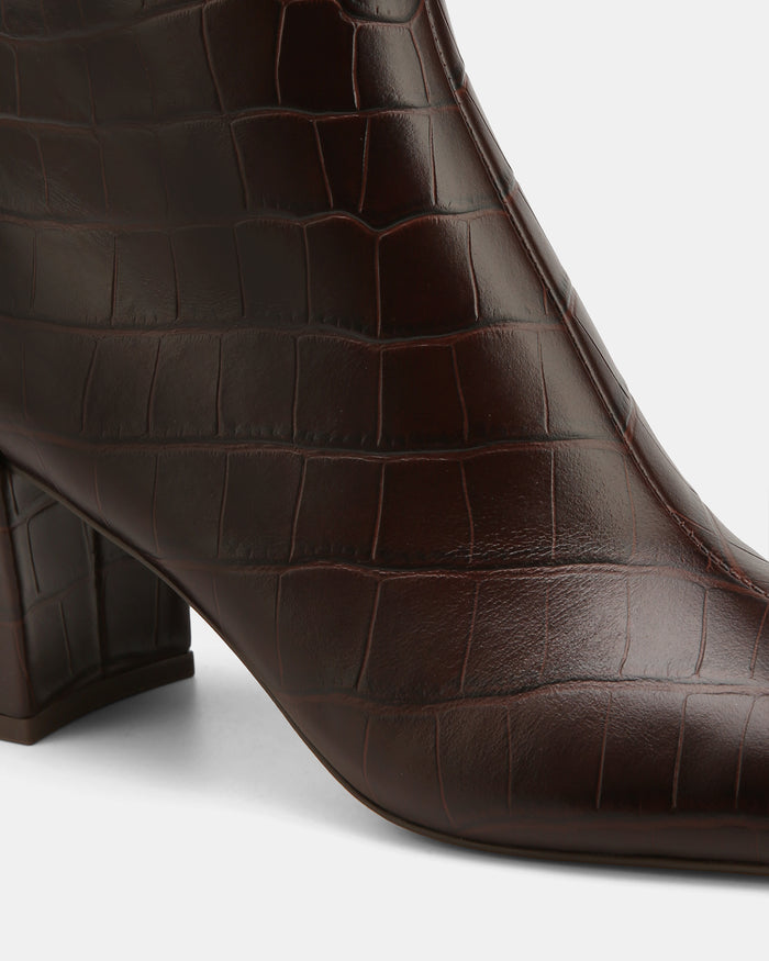 Lena Ebony Croc Embossed Leather Ankle Boot