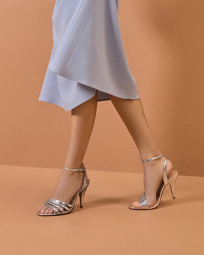 Tate Dark Silver Metallic Leather Strappy Heel