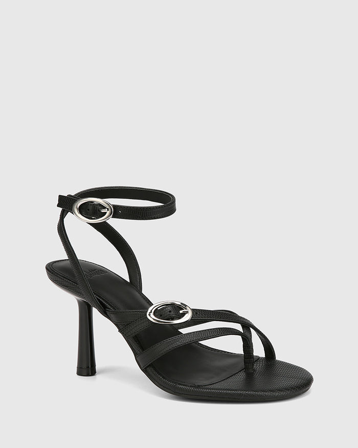 Utari Black Reptile Embossed Leather Strappy Heel
