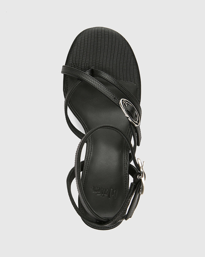 Utari Black Reptile Embossed Leather Strappy Heel