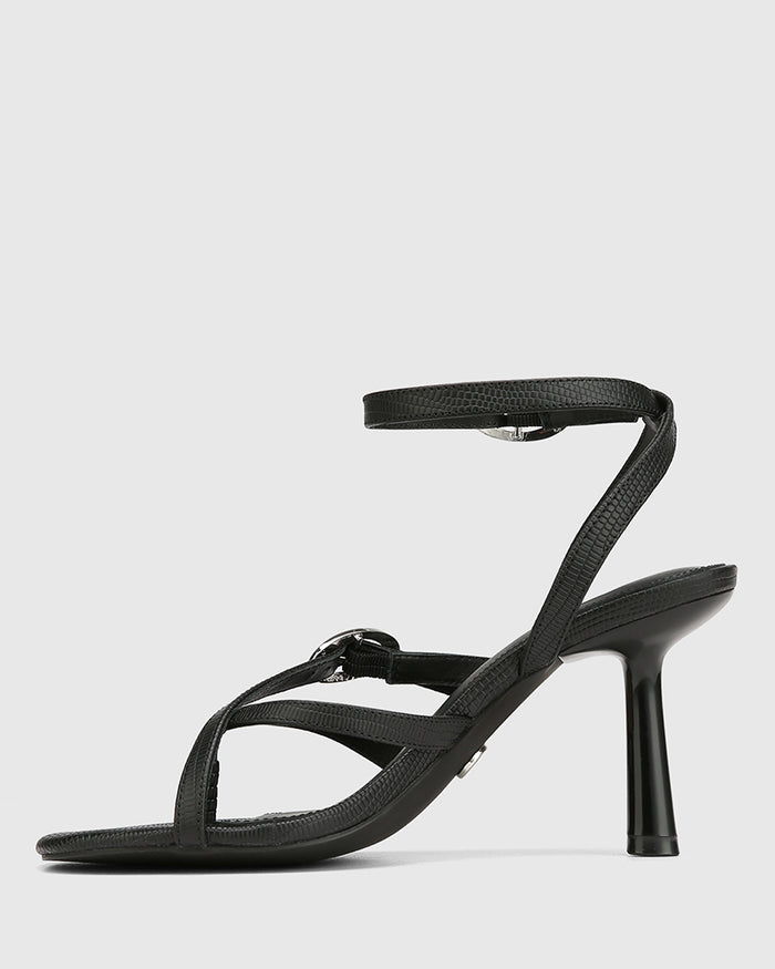 Utari Black Reptile Embossed Leather Strappy Heel