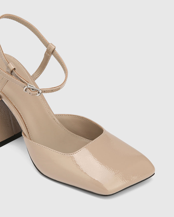Youki Misty Grey Crinkle Patent Leather Block Heel