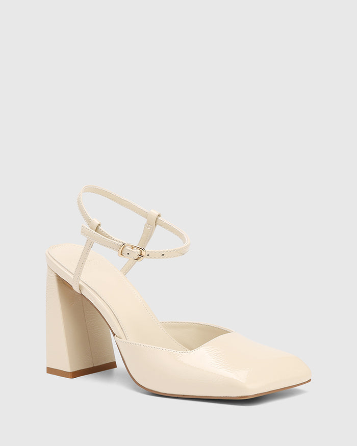 Youki Vintage Ivory Crinkle Patent Leather Block Heel