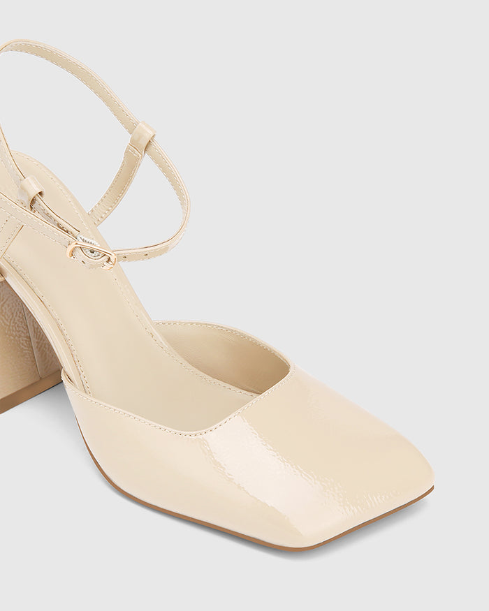 Youki Vintage Ivory Crinkle Patent Leather Block Heel