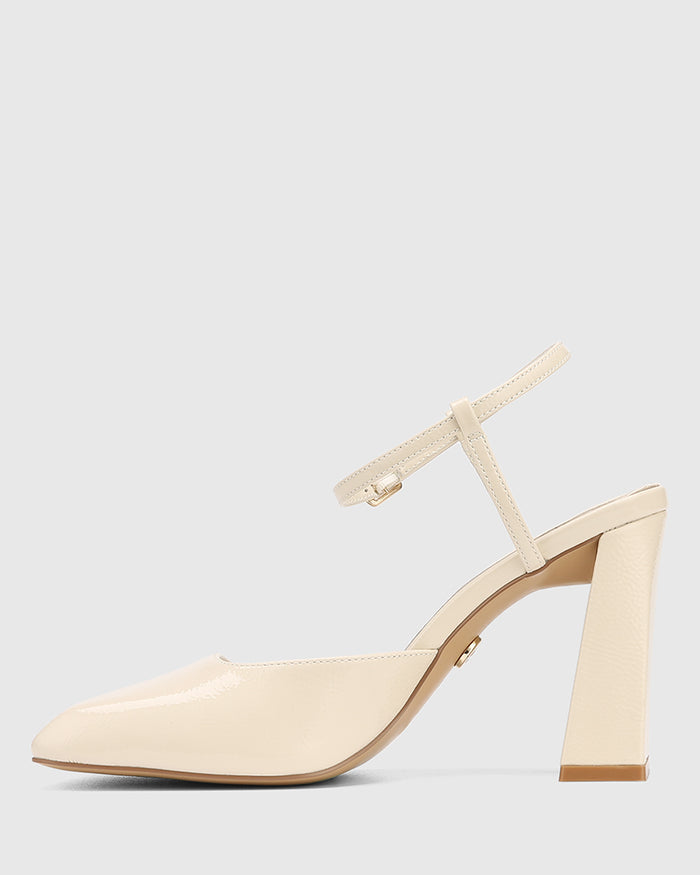 Youki Vintage Ivory Crinkle Patent Leather Block Heel